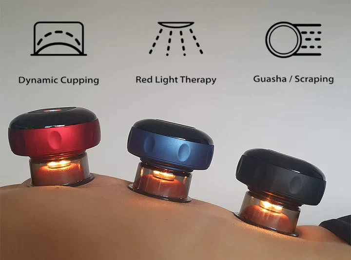 "Electric dynamic cupping therapy device with red light therapy and gua sha scraping massage applied on the back for muscle recovery and pain relief."